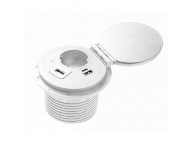 Kištukinių lizdų blokas | kolona | montuojamas į baldus | apvalus | užsidarantis | 1xSchuko | 2xUSB-A+C | HDMI/RJ45 | belaidė įkrovimo stotelė | Ø80mm | 1,5m kabelis | sidabrinis | GTV | AE-BPW1SACP-10 | 5902801325519