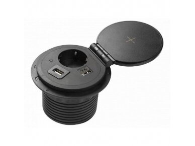 Kištukinių lizdų blokas | kolona | montuojamas į baldus | apvalus | užsidarantis | 1xSchuko | 2xUSB-A+C | HDMI/RJ45 | belaidė įkrovimo stotelė | Ø80mm | 1,5m kabelis | juodas | GTV | AE-BPW1SACP-20 | 5902801355332