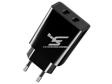 Sieninis įkroviklis | Schuko kištukas | 2xUSB | 10.5W | 2,1A | 5VDC | 100-240V | juodas | Baseus | TC-012 | 6953156216426