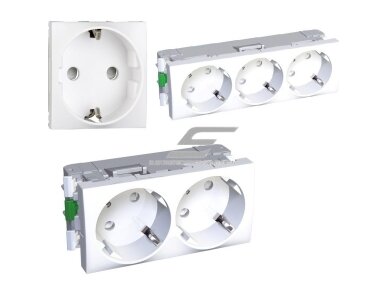 Modulinis kištukinis lizdas | su įžeminimu | įmontuojamas | 1xSchuko/2xSchuko/3xSchuko | 16A | 45x45mm | IP20 | baltas Modulinis kištukinis lizdas | su įžeminimu | įmontuojamas | 1xSchuko/2xSchuko/3xSchuko | 16A | 45x45mm | IP20 | baltas