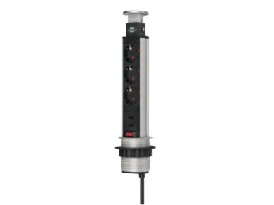 Išsikeliantis kištukinių lizdų blokas | kolona | montuojamas į baldus | apvalus | 3xSchuko | 2xUSB-A | Ø60mm | 2m kabelis | juodas/sidabrinis | Brennenstuhl | 1396200013 | 4007123638956