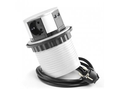 Išsikeliantis kištukinių lizdų blokas | kolona | montuojamas į baldus | apvalus | 3xSchuko | 2xUSB-A | Ø100mm | 1,5m kabelis | juodas/sidabrinis | Tetra Box | 4G2U-DE-01 | 5900652141005