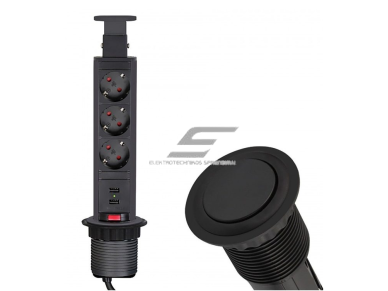 Išsikeliantis kištukinių lizdų blokas | kolona | montuojamas į baldus | apvalus | 3xSchuko | 1xUSB-A | 1xUSB-C | Ø60mm | 1,5m kabelis | juodas | LIFT BOX | 5900652144259