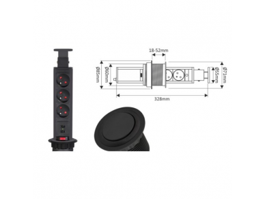 Išsikeliantis kištukinių lizdų blokas | kolona | montuojamas į baldus | apvalus | 3xSchuko | 1xUSB-A | 1xUSB-C | Ø60mm | 1,5m kabelis | juodas | LIFT BOX | 5900652144259 1 Išsikeliantis kištukinių lizdų blokas | kolona | montuojamas į baldus | apvalus | 3xSchuko | 1xUSB-A | 1xUSB-C | Ø60mm | 1,5m kabelis | juodas | LIFT BOX | 5900652144259 1