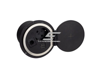 Kištukinių lizdų blokas | kolona | montuojamas į baldus | apvalus | užsidarantis | 1xSchuko | 2xUSB-A+C | HDMI/RJ45/USB | Ø80mm | 1,8m kabelis | juodas | SAMBOBOX-U-2-01