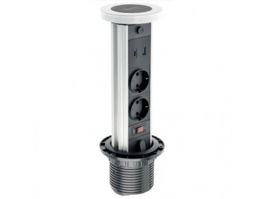 Išsikeliantis kištukinių lizdų blokas | kolona | montuojamas į baldus | apvalus | 2xSchuko | 1xUSB-A | 1xUSB-C | belaidė įkrovimo stotelė | Ø80mm | 1,5m kabelis | sidabrinis | GTV | AE-BPW2SCAM-10 | 5902801325656