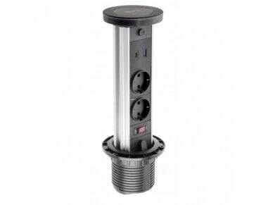Išsikeliantis kištukinių lizdų blokas | kolona | montuojamas į baldus | apvalus | 2xSchuko | 1xUSB-A | 1xUSB-C | belaidė įkrovimo stotelė | Ø80mm | 1,5m kabelis | juodas | GTV | AE-BPW2SCAM-20 | 5902801355233