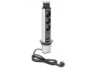 Išsikeliantis kištukinių lizdų blokas | kolona | montuojamas į baldus | apvalus | 3xSchuko | 2xUSB-A | Ø60mm | 1,5m kabelis | sidabrinis | GTV | AE-BPW3S60U-80 | 5901867130969
