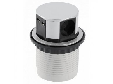 Išsikeliantis kištukinių lizdų blokas | kolona | montuojamas į baldus | apvalus | 3xSchuko | 2xUSB-A | Ø100mm | 1,5m kabelis | sidabrinis | GTV | AE-BPW3S100U-53 | 5902801252587
