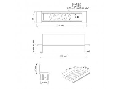 Kištukinių lizdų blokas | montuojamas į baldus | 3xSchuko | 2xUSB-A+C | 293x67x39mm | 1,8m kabelis | sidabrinis | FLATBOX-SD-3DE 2 Kištukinių lizdų blokas | montuojamas į baldus | 3xSchuko | 2xUSB-A+C | 293x67x39mm | 1,8m kabelis | sidabrinis | FLATBOX-SD-3DE 2