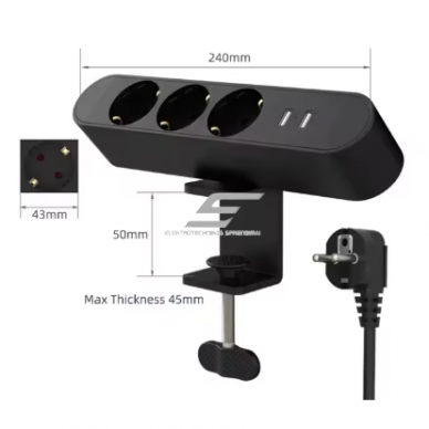 Galda virsmai stiprināma rozetes bloks | 3x Schuko kontaktligzdas | 2x USB lādētāji | melns | IP20 3 Galda virsmai stiprināma rozetes bloks | 3x Schuko kontaktligzdas | 2x USB lādētāji | melns | IP20 3