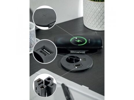 Kištukinių lizdų blokas | kolona | montuojamas į baldus | apvalus | užsidarantis | 1xSchuko | 2xUSB-A+C | HDMI/RJ45 | belaidė įkrovimo stotelė | Ø80mm | 1,5m kabelis | juodas | GTV | AE-BPW1SACP-20 | 5902801355332 6