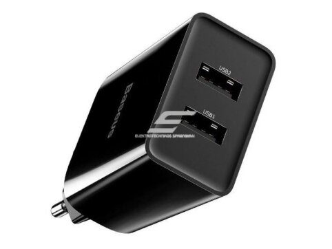 Sieninis įkroviklis | Schuko kištukas | 2xUSB | 10.5W | 2,1A | 5VDC | 100-240V | juodas | Baseus | TC-012 | 6953156216426 1
