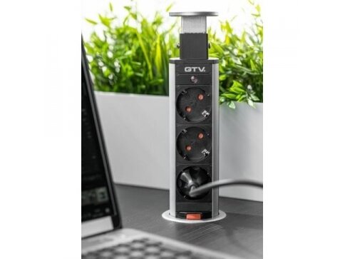 Išsikeliantis kištukinių lizdų blokas | kolona | montuojamas į baldus | apvalus | 3xSchuko | Ø60mm | 1,5m kabelis | sidabrinis | GTV | AE-BPW3S60-80 | 5908231395542 1
