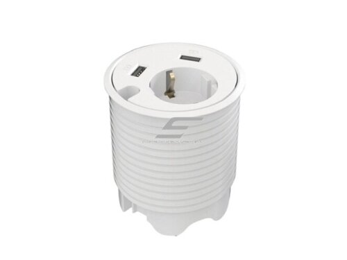 Kištukinių lizdų blokas | montuojamas į baldus | apvalus | 1xSchuko | 2xUSB-A | 1xAnga laidui | Ø79mm | 1,25m kabelis | reguliuojamas gylis | baltas | Bachmann KO.935-PD14-BA