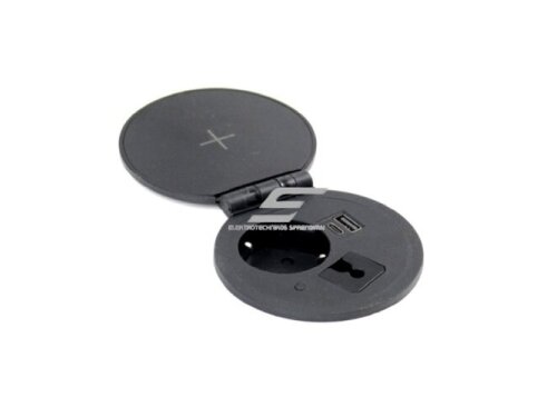 Kištukinių lizdų blokas | montuojamas į baldus | apvalus | užsidarantis | 1xSchuko | 2xUSB-A+C | belaidė įkrovimo stotelė | Ø80 mm | juodas | Bachmann SA.AISDOT