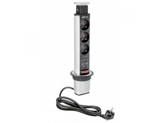 Išsikeliantis kištukinių lizdų blokas | kolona | montuojamas į baldus | apvalus | 3xSchuko | 2xUSB-A | Ø60mm | 1,5m kabelis | sidabrinis | GTV | AE-BPW3S60U-80 | 5901867130969