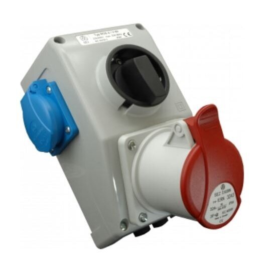 Industrial socket box | 1×32 A 5P 400 V + 2×230 V 16 A | with 0–1 switch | IP44 | SEZ ROS 4/V-10