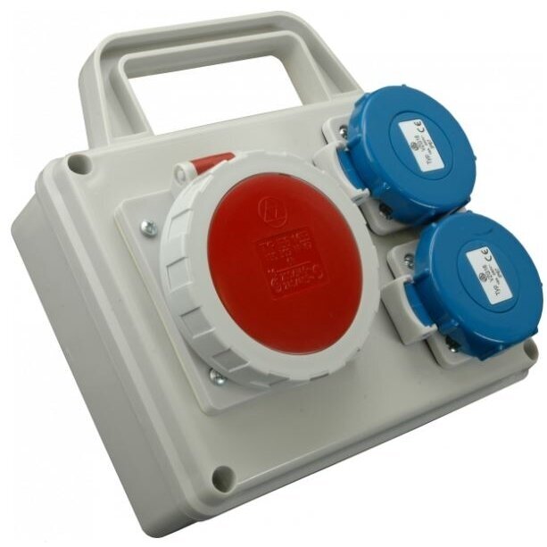 Industrial socket box | 1×16 A 5P 400 V + 2×230 V 16 A | with holder | IP67 | SEZ ROSPG 1631 D