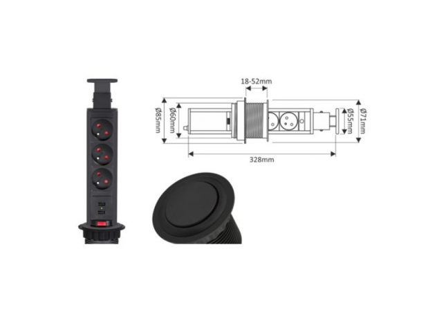 Išsikeliantis kištukinių lizdų blokas | kolona | montuojamas į baldus | apvalus | 3xSchuko | 1xUSB-A | 1xUSB-C | Ø60mm | 1,5m kabelis | juodas | LIFT BOX | 5900652144259 1 Išsikeliantis kištukinių lizdų blokas | kolona | montuojamas į baldus | apvalus | 3xSchuko | 1xUSB-A | 1xUSB-C | Ø60mm | 1,5m kabelis | juodas | LIFT BOX | 5900652144259 1