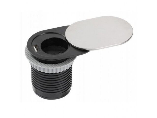 Kištukinių lizdų blokas | kolona | montuojamas į baldus | apvalus | užsidarantis | 1xSchuko | 1xUSB-A | Ø60mm | 1,9m kabelis | sidabrinis | GTV | AE-BPW1S1UCH-51 | 5902801252945