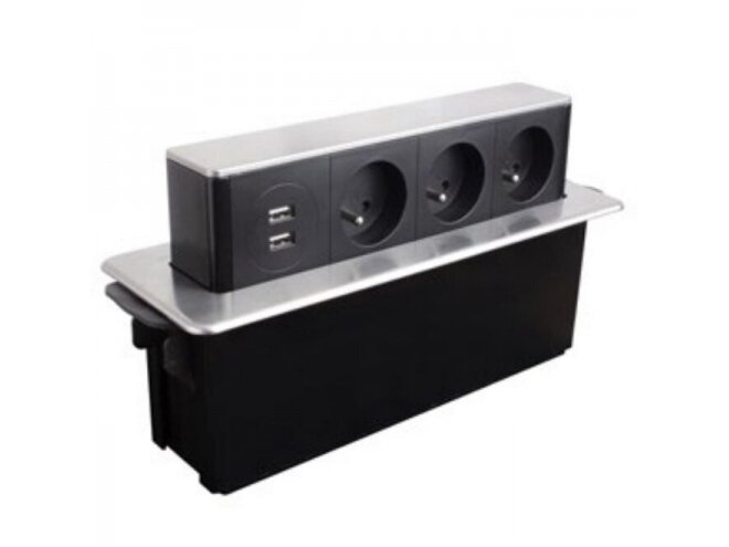 Kištukinių lizdų blokas | montuojamas į baldus | išsikeliantis | 3xSchuko | 2xUSB-A+C | 273x93x99mm | 2m kabelis | sidabrinis | HOPBOX-SD-3DE-UC-2-01