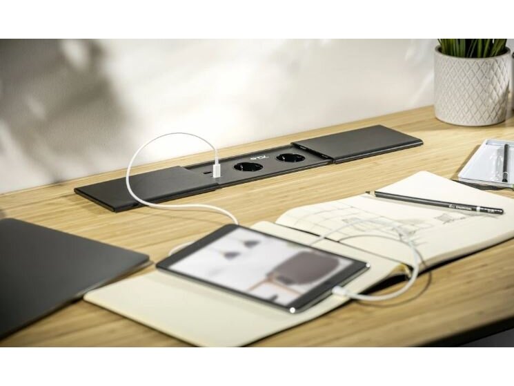 Kištukinių lizdų blokas | montuojamas į baldus | užsidarantis | 2xSchuko | 2xUSB-A+C | 1xHDMI | 1xRJ45 | 310x100x58mm | 1,5m kabelis | baltas | AE-PB2SPRES-10 | 5902801325601 3
