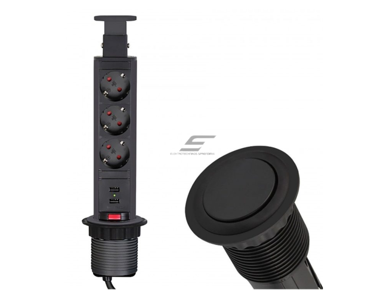 Išsikeliantis kištukinių lizdų blokas | kolona | montuojamas į baldus | apvalus | 3xSchuko | 1xUSB-A | 1xUSB-C | Ø60mm | 1,5m kabelis | juodas | LIFT BOX | 5900652144259