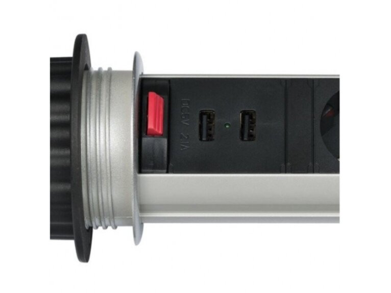 Išsikeliantis kištukinių lizdų blokas | kolona | montuojamas į baldus | apvalus | 3xSchuko | 2xUSB-A | Ø60mm | 2m kabelis | juodas/sidabrinis | Brennenstuhl | 1396200013 | 4007123638956 1