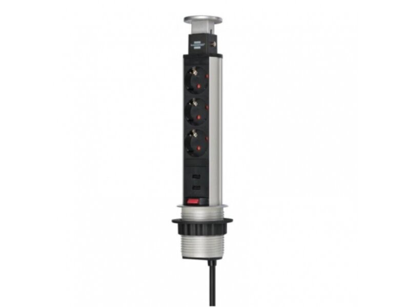 Išsikeliantis kištukinių lizdų blokas | kolona | montuojamas į baldus | apvalus | 3xSchuko | 2xUSB-A | Ø60mm | 2m kabelis | juodas/sidabrinis | Brennenstuhl | 1396200013 | 4007123638956