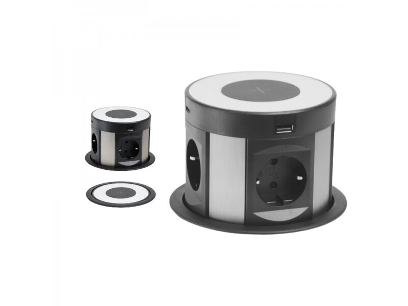 Išsikeliantis kištukinių lizdų blokas | kolona | montuojamas į baldus | apvalus | 4xSchuko | 2xUSB-A | 2xUSB-C | 1xBelaidė įkrovimo stotelė | Ø120mm | juodas/sidabrinis | Bachmann SA.PO.LIFT Išsikeliantis kištukinių lizdų blokas | kolona | montuojamas į baldus | apvalus | 4xSchuko | 2xUSB-A | 2xUSB-C | 1xBelaidė įkrovimo stotelė | Ø120mm | juodas/sidabrinis | Bachmann SA.PO.LIFT
