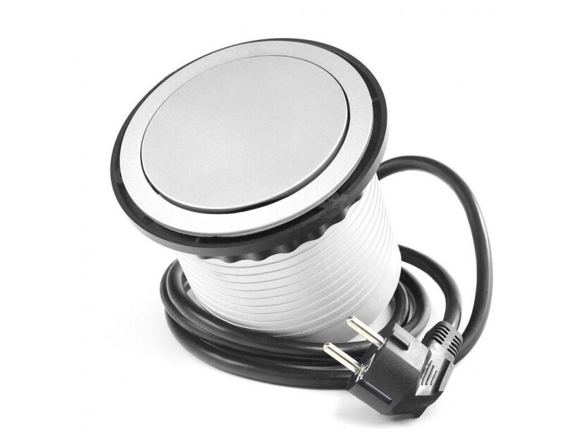 Išsikeliantis kištukinių lizdų blokas | kolona | montuojamas į baldus | apvalus | 3xSchuko | 2xUSB-A | Ø100mm | 1,5m kabelis | juodas/sidabrinis | Tetra Box | 4G2U-DE-01 | 5900652141005 2