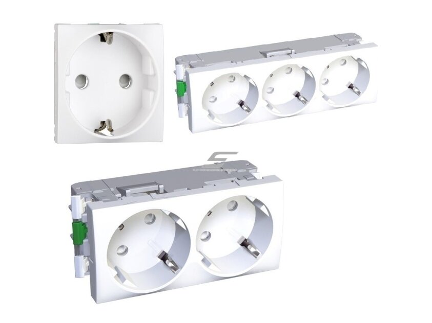 Modulinis kištukinis lizdas | su įžeminimu | įmontuojamas | 1xSchuko/2xSchuko/3xSchuko | 16A | 45x45mm | IP20 | baltas
