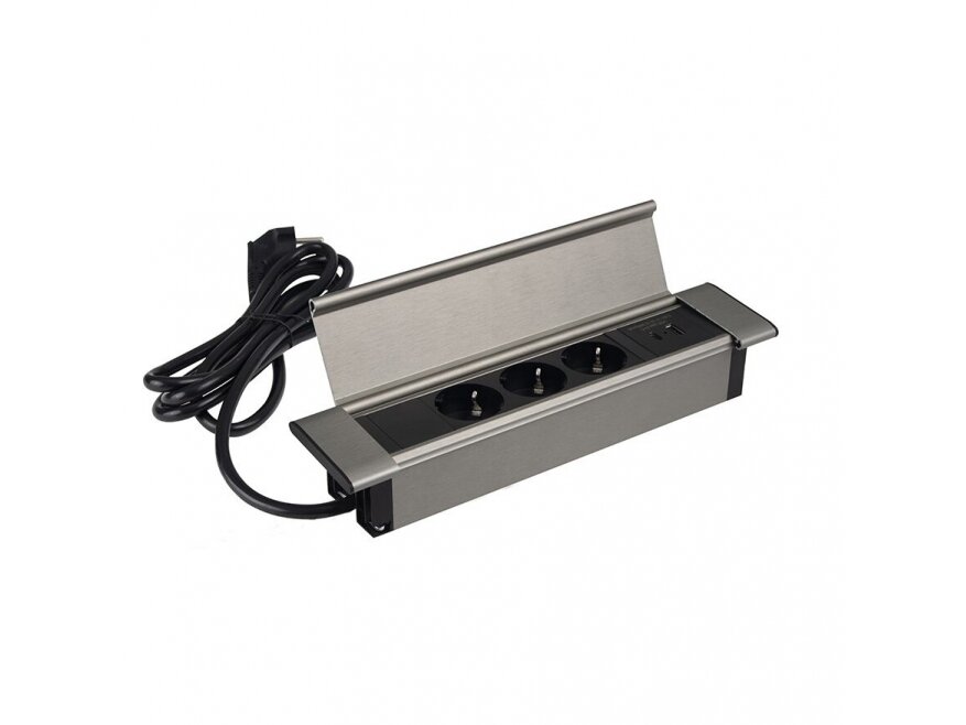Kištukinių lizdų blokas | montuojamas į baldus | 3xSchuko | 2xUSB-A+C | 293x67x39mm | 1,8m kabelis | sidabrinis | FLATBOX-SD-3DE