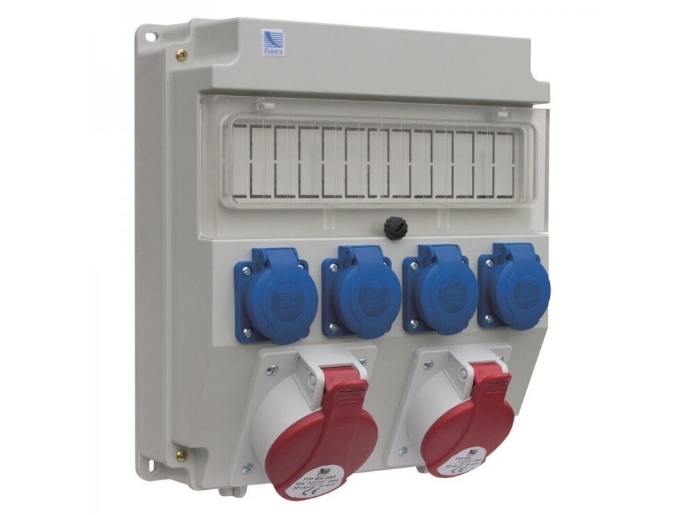Pramoninis skydelis | dėžutė | 13 modulių | su kištukiniais lizdais 4x250V + 2x32A 5P | hermetinis | garažams | komercinėms patalpoms | IP44 | Pawbol | R-BOX LUX | 5901350814475