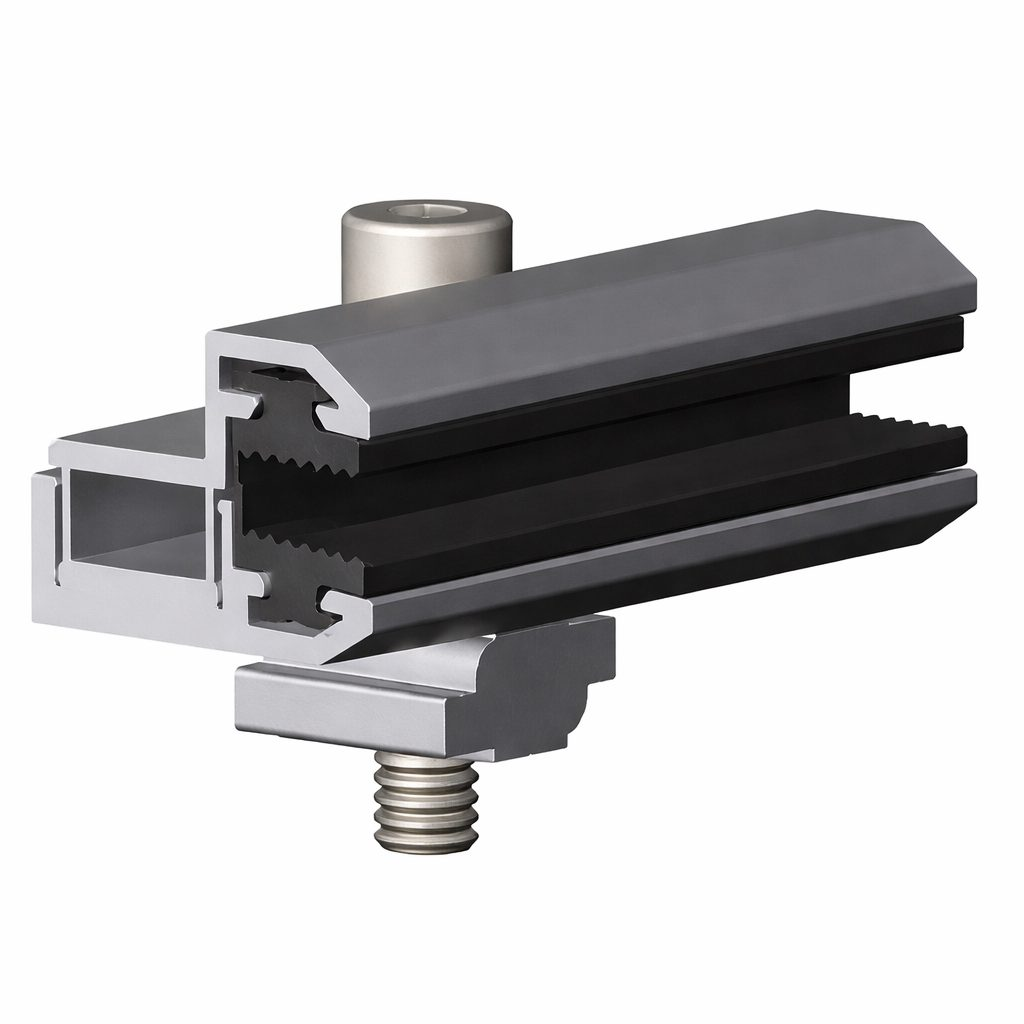 Frameless solar module mounting clamp | up to 60 m/s | for glass modules | anodized | for roof mounting Frameless solar module mounting clamp | up to 60 m/s | for glass modules | anodized | for roof mounting
