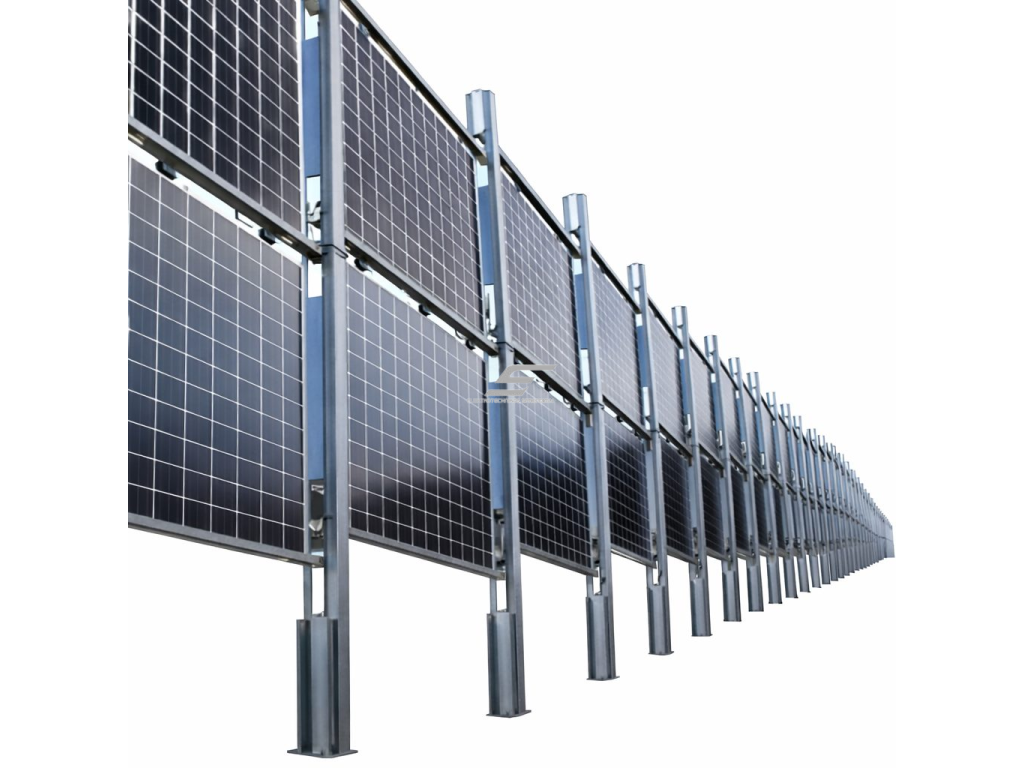 Saulės modulių konstrukcija | vertikali | žemės montavimas | bifacial (dvipusiai) moduliai | 60 m/s vėjo apkrova Saulės modulių konstrukcija | vertikali | žemės montavimas | bifacial (dvipusiai) moduliai | 60 m/s vėjo apkrova