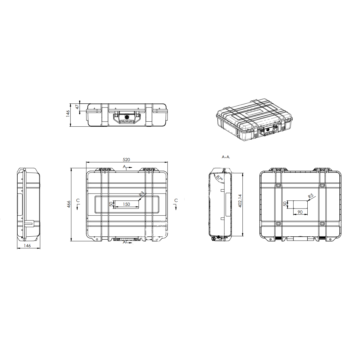 Drošas transportēšanas koferis | čemodāns ar rokturi | 520x466x146mm | IP67 2 Drošas transportēšanas koferis | čemodāns ar rokturi | 520x466x146mm | IP67 2