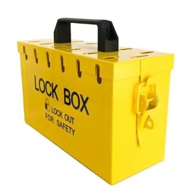 Safety lockout box for key storage | with handle | lockable with 13 padlocks | 260x152x103mm | yellow | steel Safety lockout box for key storage | with handle | lockable with 13 padlocks | 260x152x103mm | yellow | steel