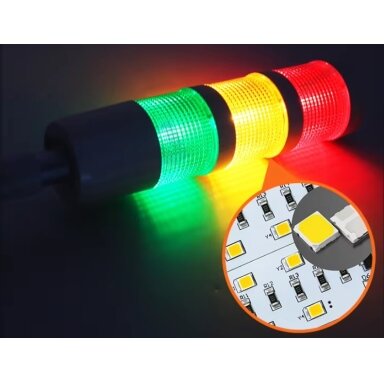 Signal tower with 3-color LED lamp modules (red, yellow, green) with audible signal | 1.2~2W | 24VDC | IP54 | NPN/PNP | black