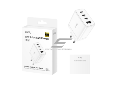 Sieninis greitojo įkrovimo įkroviklis | 3xUSB-C + 1xUSB-A | 65W | 100–240V | greitas ir saugus įkrovimas | išmanus galios valdymas | baltas  1
