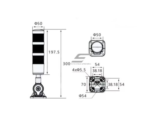 Signalinis bokštelis su 3 spalvų LED lempų moduliais | raudonas+geltonas+žalias | su garsiniu signalu | 1,2~2W | 24VDC | IP54 | NPN/PNP | baltas 3