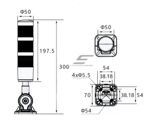 Signalinis bokštelis su 3 spalvų LED lempų moduliais | raudonas+geltonas+žalias | su garsiniu signalu | 1,2~2W | 24VDC | IP54 | NPN/PNP | juodas 3