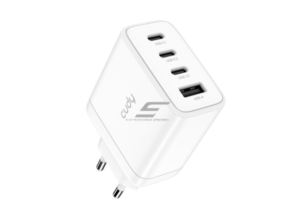Sieninis greitojo įkrovimo įkroviklis | 3xUSB-C + 1xUSB-A | 65W | 100–240V | greitas ir saugus įkrovimas | išmanus galios valdymas | baltas