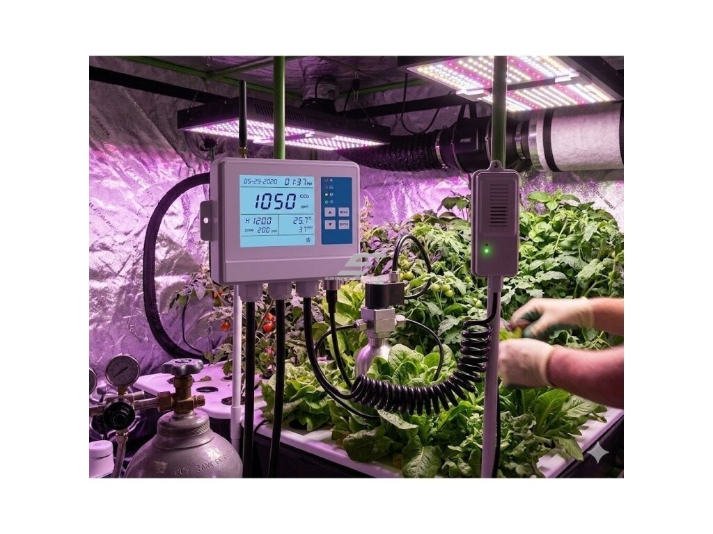 CO₂ valdiklis su automatiniu valdymu | 0–5000 ppm | ±1 ppm tikslumas | LCD ekranas | garsinis/šviesos signalas | temperatūra + drėgmė | šiltnamiams, HVAC, patalpoms 3