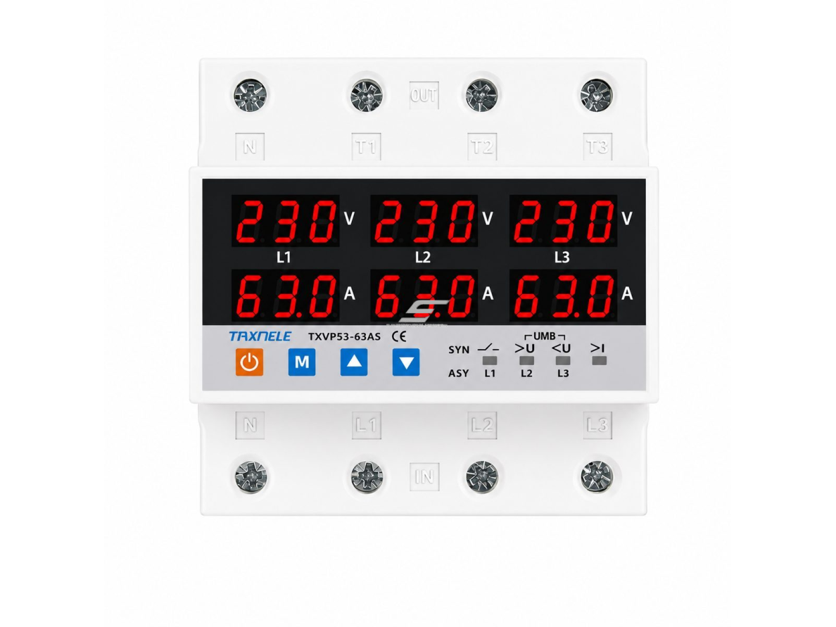 Modulinė įtampos kontrolės relė | skaitmeninė | 3 fazių | 63A | 220V | DIN | viršįtampio | įtampos kritimo | srovės apsauga | TAXNELE Modulinė įtampos kontrolės relė | skaitmeninė | 3 fazių | 63A | 220V | DIN | viršįtampio | įtampos kritimo | srovės apsauga | TAXNELE