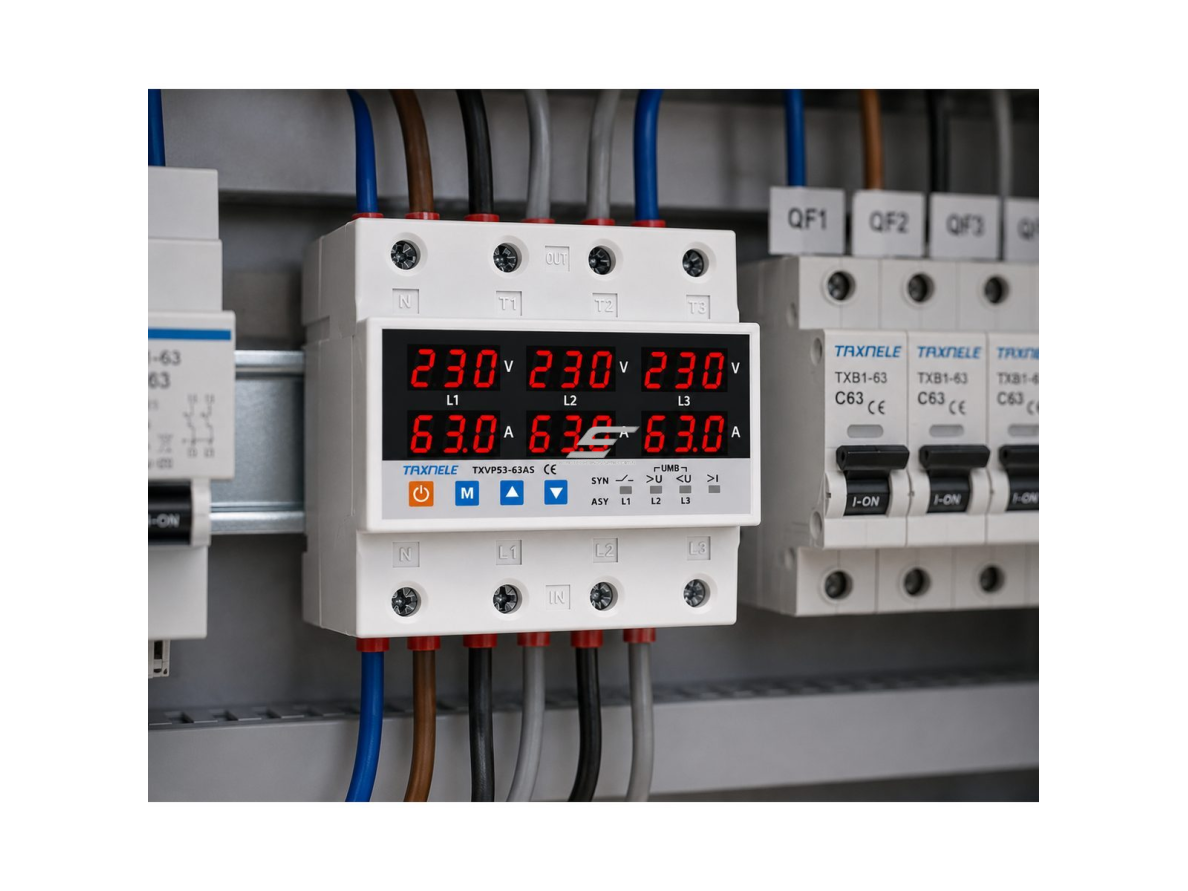 Modulinė įtampos kontrolės relė | skaitmeninė | 3 fazių | 63A | 220V | DIN | viršįtampio | įtampos kritimo | srovės apsauga | TAXNELE 3