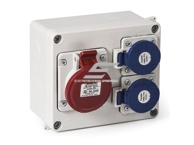 Pramoninis skydelis | dėžutė su kištukiniais lizdais 1x16A 5P + 2x230V | hermetinis | garažams | komercinėms patalpoms | IP44 | Famatel | 3073.0032E | 8429760240846