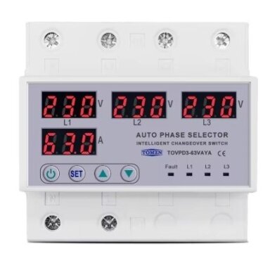 Modulārs | digitāls | daudzfunkcionāls pārsprieguma, fāžu secības un fāžu disbalansa kontroles relejs | no 3 fāzēm uz 1 fāzi | 63A | 230V | DIN sliede | TOMZN Modulārs | digitāls | daudzfunkcionāls pārsprieguma, fāžu secības un fāžu disbalansa kontroles relejs | no 3 fāzēm uz 1 fāzi | 63A | 230V | DIN sliede | TOMZN