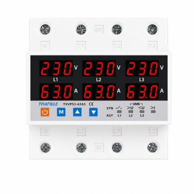 Modular voltage control relay | digital | 3 phase | 63A | 220V | DIN | overvoltage | undervoltage | current protection | TAXNELE